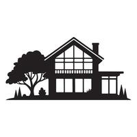 Black silhouette of a two story house with large windows and a tree vector