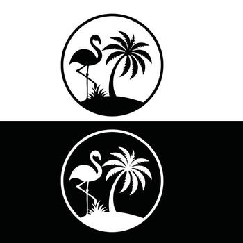 Two flamingos and palm trees in a circle vector