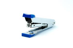 A Metal stapler with a blue plastic grip, ideal for office, school, or home use. Durable, compact, and easy to reload, perfect for binding documents neatly and efficiently. photo
