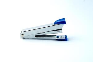 Metal stapler with a blue plastic grip, ideal for office, school, or home use. Durable, compact, and easy to reload, perfect for binding documents neatly and efficiently photo
