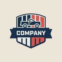 A Robust Automotive Company Emblem Featuring a Red Pickup Truck Silhouette on a Navy Blue Shield with Stars and a Company Banner vector