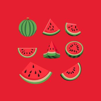 Sliced Watermelons with Seeds, Featuring Various Cuts and Arrangements on a Vibrant Red Background vector