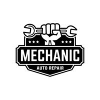Kueri berhasil A Bold Black and White Emblem for Mechanic Auto Repair Featuring a Stylized Fist Gripping a Wrench, Framed by Stars and a Decorative Border vector