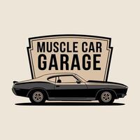A Retro-Inspired Muscle Car Garage Emblem Featuring a Sleek Black Classic Car in Profile Against a Tan Shield Background vector