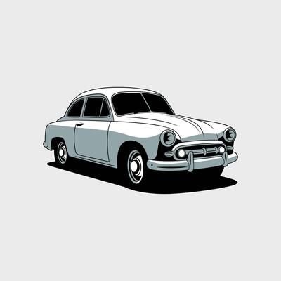 A Vintage Styled Light Gray Sedan with Distinctive Headlights and Chrome Accents, Casting a Subtle Shadow