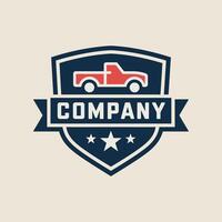 A Resilient Automotive Company Emblem Featuring a Navy Blue Pickup Truck Silhouette on a Red and White Striped Shield, with a Prominent Company Banner. vector