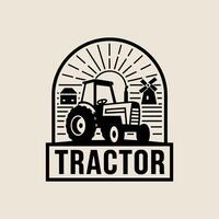 A Robust and Traditional Farming Emblem Featuring a Tractor, Barn, and Sun Rays Within an Arched Frame, Perfect for Agricultural Themes vector