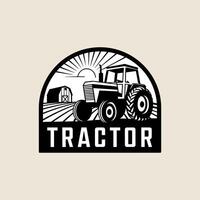 A Bold and Traditional Farming Emblem Featuring a Tractor, Barn, and Sun Rays Within an Arched Frame, Perfect for Agricultural Themes. vector