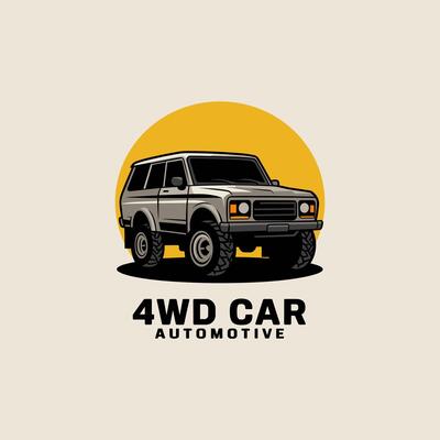 Automotive Logo Featuring a Rugged 4WD SUV in a Dynamic Design, with a Prominent Yellow Sun Background
