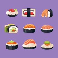 Various sushi and sashimi on a purple background vector