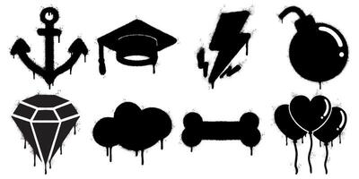 Graffiti Icon Set Dripping Black Spray Paint Symbols on White Background. Includes anchor, graduation cap, lightning bolt, bomb, diamond, cloud, bone, and heart shaped balloons. vector