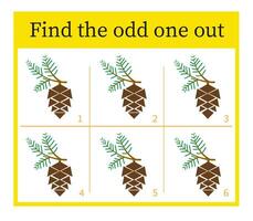 Puzzle game for children. Attention task. Kids activity page. Cartoon pine cone. vector