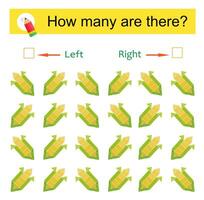 Math activity for kids. Developing numeracy skills. Cartoon corn. vector