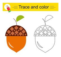 Trace and color for children. Preschool worksheet for practicing fine motor skills. Cartoon acorn. vector