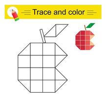 Trace and color for children. Preschool worksheet for practicing fine motor skills. Cartoon eaten apple. vector