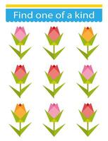 Fun educational game for kids. Need to find one of a kind flower rose. Kids activity page. vector