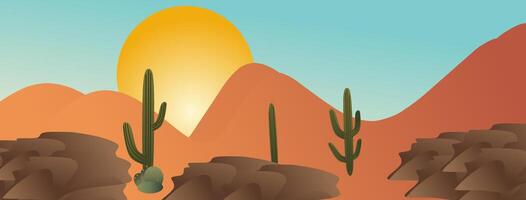 Desert landscape with cactuses and mountains. vector