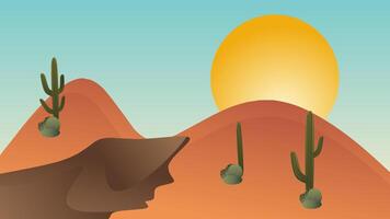 Desert landscape with cactuses and sun. vector