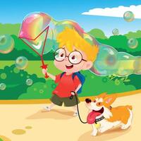 Boy with dog blowing bubbles vector