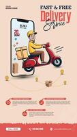 Delivery man with parcel on scooter Instagram Story Design Template Ads vector