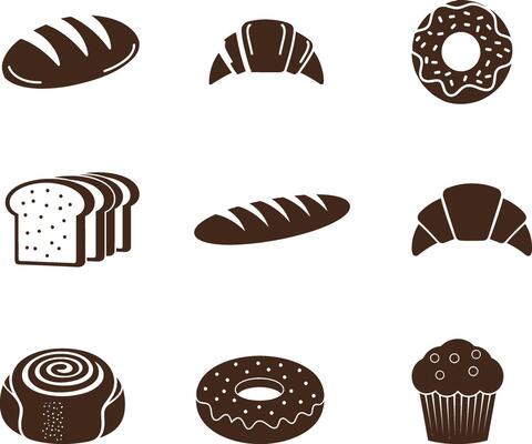 Assorted Pastries and Bread Icon Set in Brown
