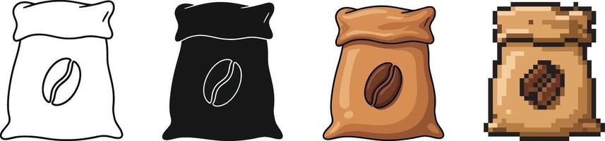 Set of Coffee Bag Icons Line Solid Color and Pixel Art vector