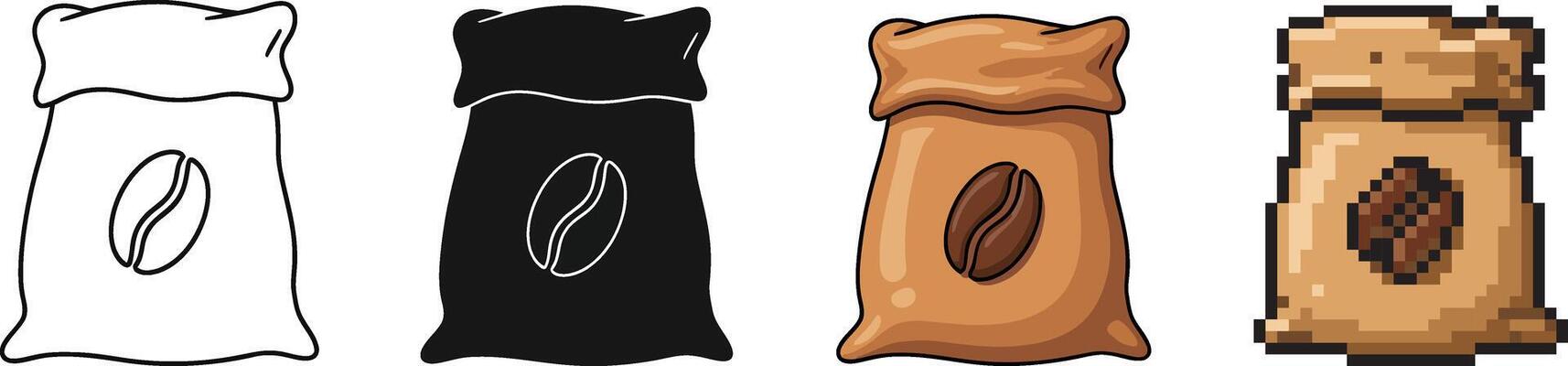 Set of Coffee Bag Icons Line Solid Color and Pixel Art