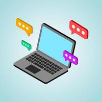 Illustration of a Laptop and Some Chat Balloons in Isometric Design Style vector