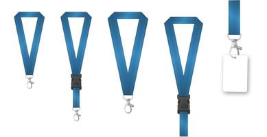 Badges Lanyard design. Identification card with ribbon. Metal closure and card with plastic. Accreditation for events congresses and companies. vector