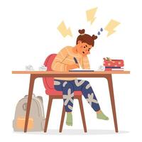Angry primary school girl having problems while studying and doing homework flat illustration isolated on white. vector