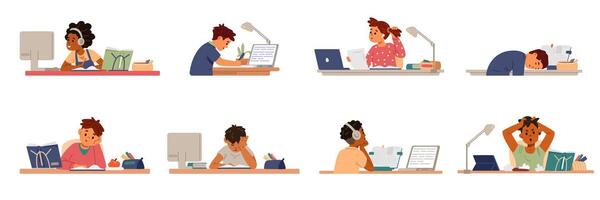 Diverse primary school children studying at home or online sitting at desk flat illustrations set isolated on white. vector