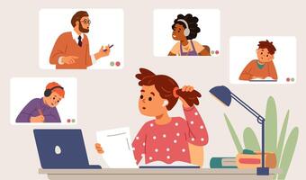 Primary school girl in headphones sitting at desk at home studying online looking to computer screen with teacher and other students flat illustration. vector