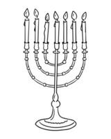 Hand drawn black and white menorah with seven lit candles isolated on white background. This represents Jewish tradition, celebration and spiritual light. vector