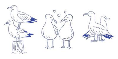Hand drawn set of funny seagull doodles in different cute poses isolated on white background. This represents playful seaside vibes and humorous bird characters. vector