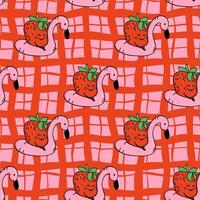Funny seamless pattern with hand drawn strawberries relaxing on pink flamingo pool floats over a red grid background. This design represents summer leisure and playful tropical vibes. vector