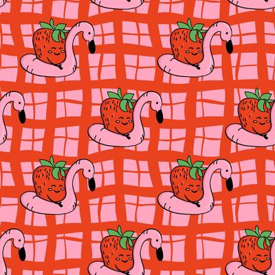 Funny seamless pattern with hand drawn strawberries relaxing on pink flamingo pool floats over a red grid background. This design represents summer leisure and playful tropical vibes.