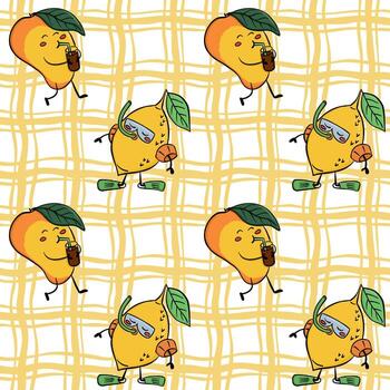 Funny seamless pattern with hand drawn lemons in diving masks and mangoes drinking juice on a yellow grid background. This design represents summer fun and playful fruit characters vector