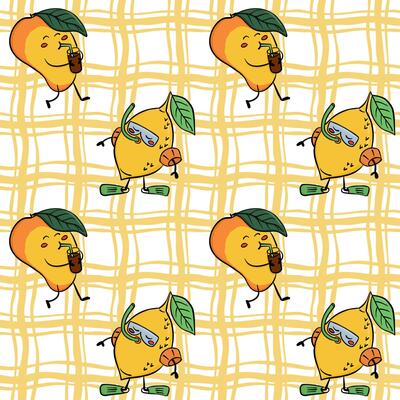 Funny seamless pattern with hand drawn lemons in diving masks and mangoes drinking juice on a yellow grid background. This design represents summer fun and playful fruit characters