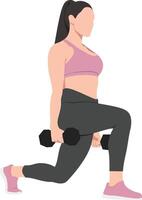 A muscular woman is doing lunges with weights in both hands vector
