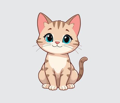 A sweetly smiling cartoon kitten with bright blue eyes purrfectly posed and ready to play Isolated