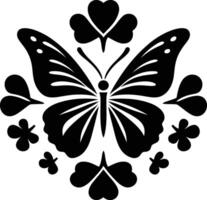 A captivating silhouette of a butterfly amongst playful clover blooms in a stenciled whimsical vector