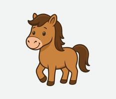 A cheerful cartoon pony happily stepping forward on a light backdrop in soft lighting and smooth vector