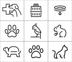 Pets and Vets Simple line drawings showing a cat dog bird turtle rodent and paw prints on white vector