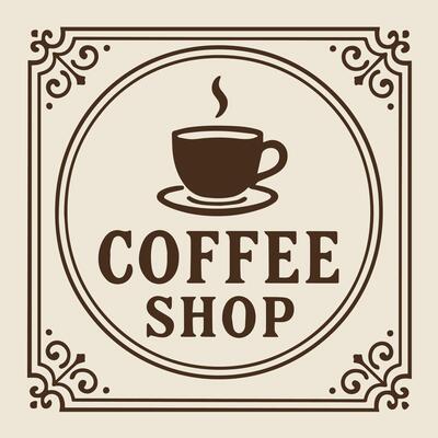 Vintage Coffee Shop Logo Design with Steaming Cup and Elegant Border