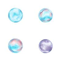 Water bubbles. Watercolor and marker illustration. Clipart of soap round transparent bubbles. Hand drawn isolated art. Abstract blue and purple water drops. For design, soap, shampoo, cosmetics vector