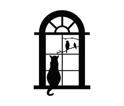 A curious cat gazes through a window at chirping birds dreaming of spring adventures in a minimalist vector