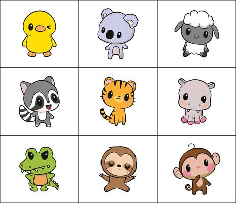 A collection of adorable cartoon animals designed for children s illustrations featuring clean lines