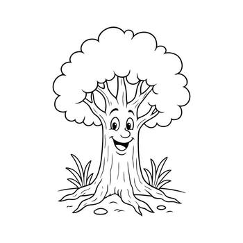 A happy cartoon tree smiling a symbol of nature and growth ready to be colored in a simple line vector