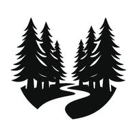 A serene forest path promising adventure and solitude among the evergreens conveyed in simple black vector
