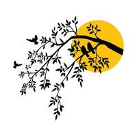 Silhouette of Birds on a Branch with Golden Moon Rising Peaceful Scene Flat Graphic Art Style vector